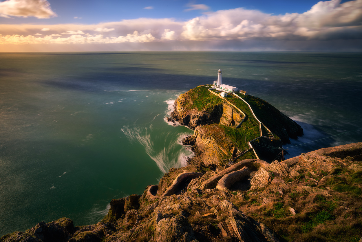 South Stack lighthouse with sea view at the sunset in Walse