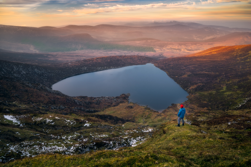 Lough Ouler herat shaped lake in Wicklow Mountains with sunset