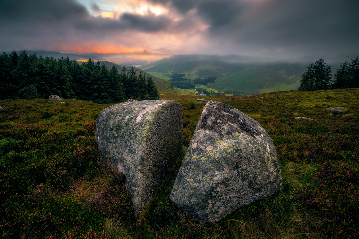 half broken stone with view on Wicklow Mountains