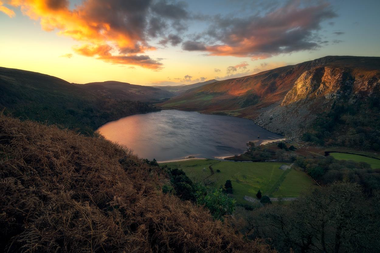 Sunrise at Lough Tay with mountains view