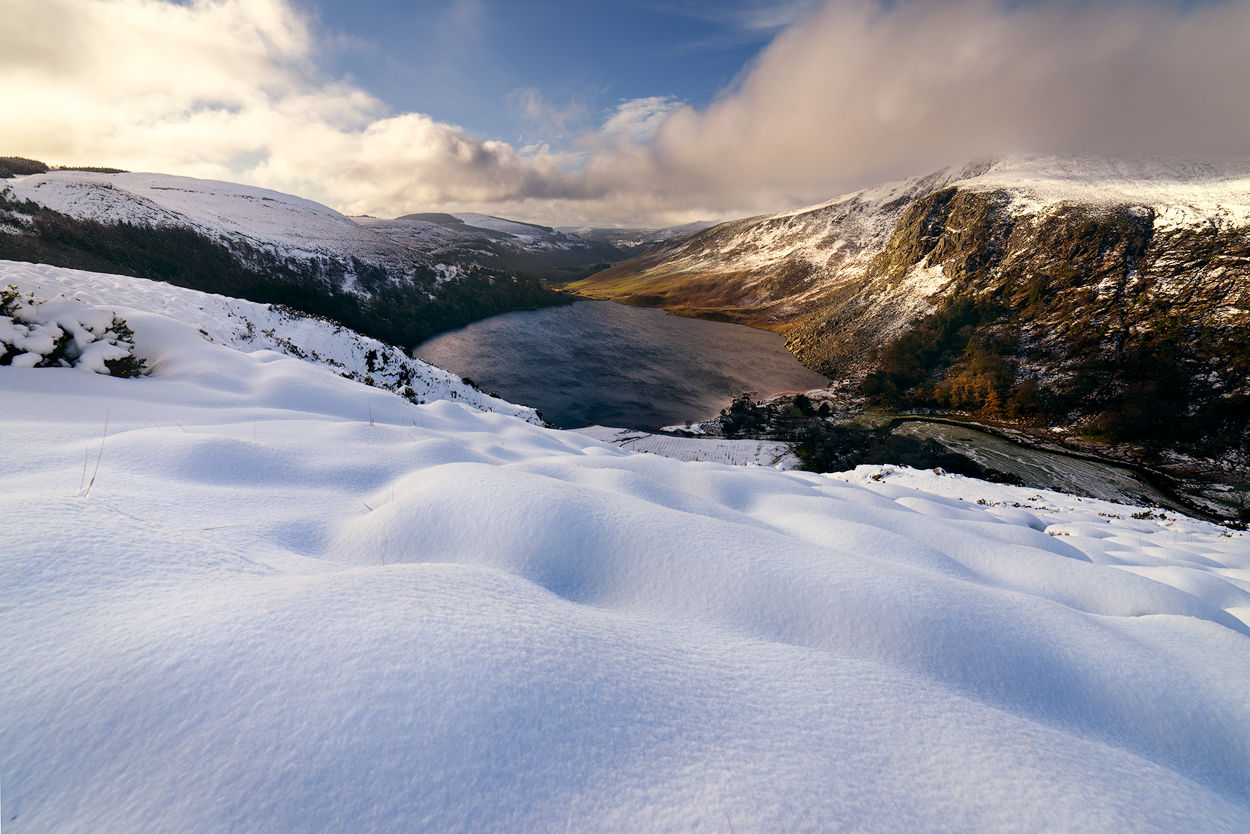 Winter Wicklow Mountains with Lough Tay and snow